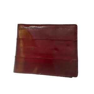 Vintage Genuine Eel Skin Bifold Wallet Burgundy Red Exotic Leather Glossy Slim
